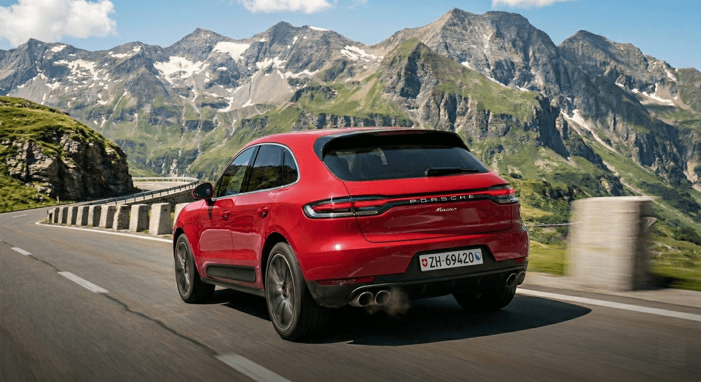 Red Porsche Macan on Swiss mountain road